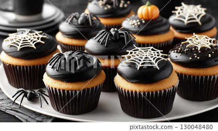 Halloween cupcakes with black frosting decorated with spiders, webs, and pumpkin toppers on white plate for spooky dessert display 130048480