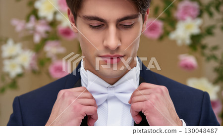 Young groom adjusting white bow tie before wedding ceremony, standing against a floral background with a calm and focused expression. Young groom adjusting white bow tie before wedding ceremony, standing against a floral background with a calm and focused expression. 130048487