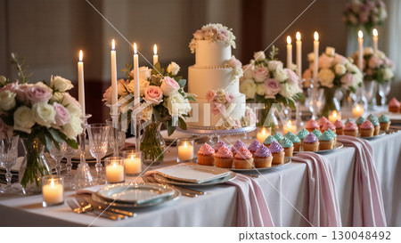 Elegant wedding table with cake, cupcakes, candles, and flower arrangements in soft pastel tones creating a romantic celebration atmosphere. 130048492