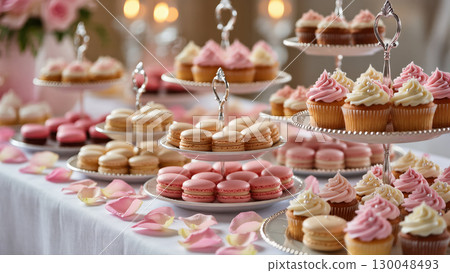 Elegant dessert table with cupcakes and macarons in soft pastel tones, arranged on stands with petals and candles for a romantic celebration. 130048493