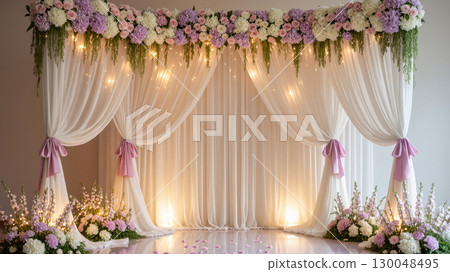 Elegant wedding photo zone with white drapery, soft lights, and pastel floral arrangements creating a romantic ceremonial backdrop. 130048495