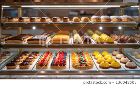 Bright pastry display with assorted colorful tarts, eclairs, and desserts arranged in rows inside a modern bakery showcase 130048505