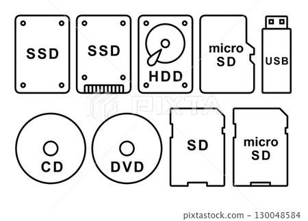 Storage device icon set | SSD, HDD, SD card, USB memory, CD, DVD line drawing illustration 130048584