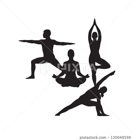 silhouette set of people in different yoga poses including warrior lotus and stretching on white background 130048599