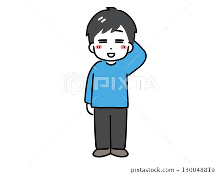 一位身著休閒服的年輕男子微笑著，略顯尷尬（全身，正面） 130048819