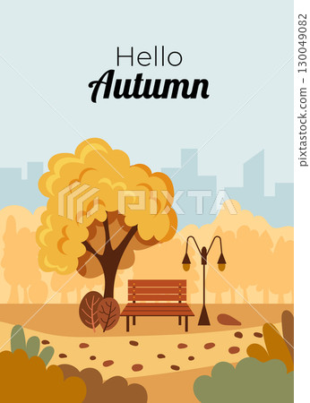 A Charming Autumn Park Scene Featuring a Tree Alongside a Wooden Bench in a Beautiful Setting 130049082