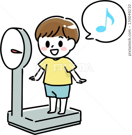 Smiling boy measuring his weight 130049210