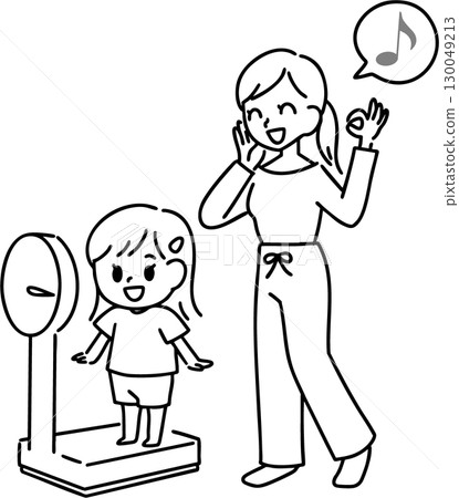 Smiling girl and mother measuring their weight (line drawing) 130049213