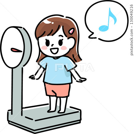 Smiling girl measuring her weight 130049216