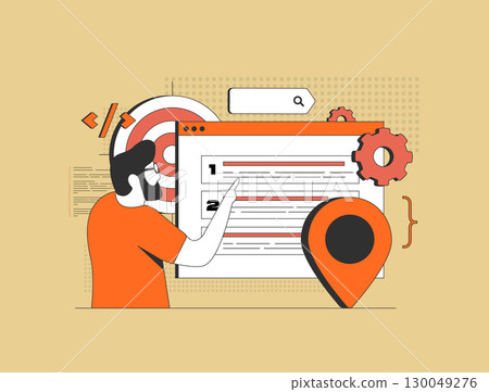 SEO optimization concept with marketer analyzing search engine ranking. Local search results and website performance settings, seo digital marketing and local advertising, vector illustration 130049276