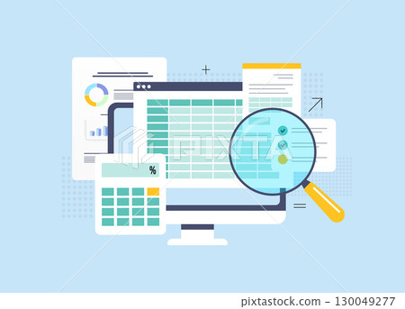 Accounting concept with computer monitor, spreadsheets, financial reports and magnifying glass symbolizing bookkeeping, audit, tax preparation and business performance review vector illustration 130049277