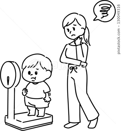 Boy and mother suffering from obesity (line drawing) 130049316