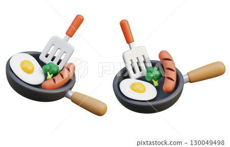 Breakfast in a Pan Fried Eggs, Sausage, and Broccoli Cartoon Style 3D graphic 130049498