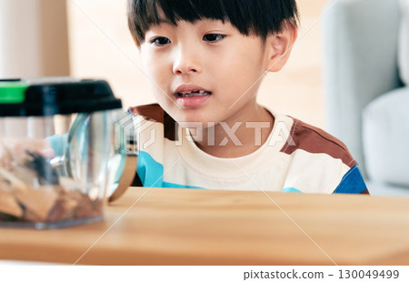 一個男孩正在觀察一隻鍬形蟲 130049499
