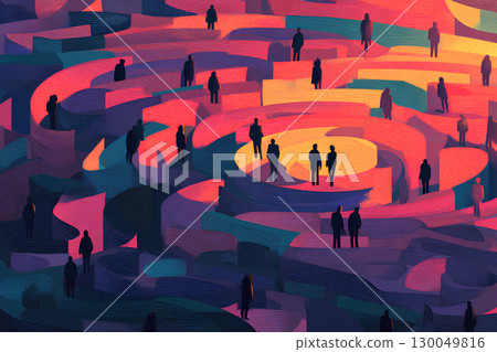 Silhouettes of people, a maze of shadows shining in various colors (trick background image) 130049816