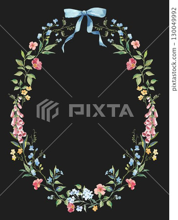 Watercolor Floral Oval Wreath with Blue Ribbon, Hand-Painted Botanical Frame for Wedding Invitations, Greeting Cards, Baby Shower, and Spring Decor 130049992