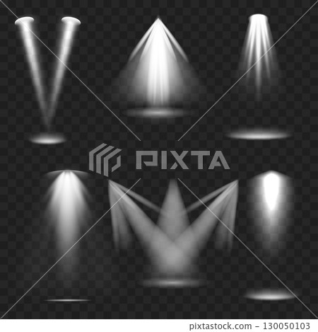 Realistic Spotlight Beam Set. Stage Lighting Effect. Transparent. Vector 130050103