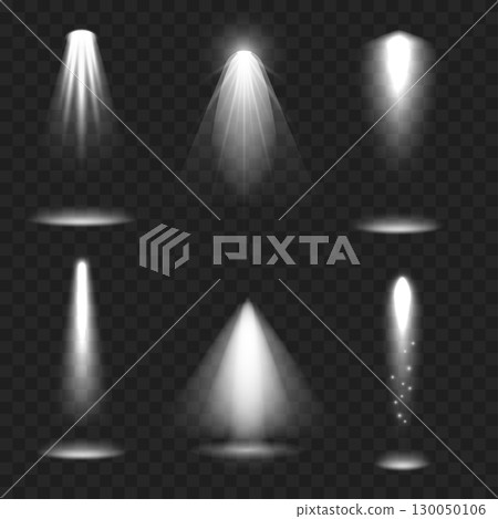 Realistic Spotlight Beam Set. Stage Lighting Effect. Transparent. Vector 130050106
