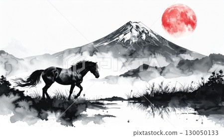 Watercolor and ink painting of a horse and Mt. Fuji. New Year's card material for the Year of the Horse. 130050133