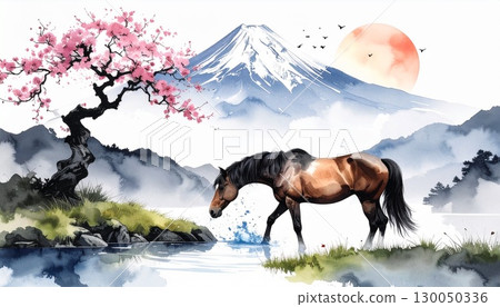 Watercolor and ink painting of a horse and Mt. Fuji. New Year's card material for the Year of the Horse. 130050336