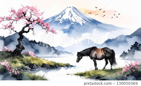 用水彩和水墨畫描繪的馬和富士山。馬年新年賀卡材料。 130050369