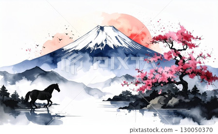 用水彩和水墨畫描繪的馬和富士山。馬年新年賀卡材料。 130050370