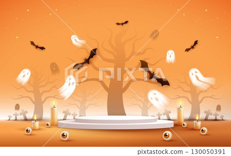 Halloween product podium banner, pumpkins, ghosts, candle, and bat flying, balloons, trees banner design on orange background. scary greeting card, promotion sale website, social media post. vector. 130050391