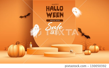 Halloween product podium banner, pumpkins, ghosts, candle, and bat flying, balloons, trees banner design on orange background. scary greeting card, promotion sale website, social media post. vector. Halloween product podium banner, pumpkins, ghosts, candle, and bat flying, balloons, trees banner design on orange background. scary greeting card, promotion sale website, social media post. vector. 130050392