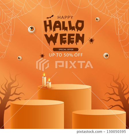 Halloween product podium banner, pumpkins, ghosts, candle, and bat flying, balloons, trees banner design on orange background. scary greeting card, promotion sale website, social media post. vector. Halloween product podium banner, pumpkins, ghosts, candle, and bat flying, balloons, trees banner design on orange background. scary greeting card, promotion sale website, social media post. vector. 130050395