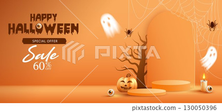 Halloween product podium banner, pumpkins, ghosts, candle, and bat flying, balloons, trees banner design on orange background. scary greeting card, promotion sale website, social media post. vector. Halloween product podium banner, pumpkins, ghosts, candle, and bat flying, balloons, trees banner design on orange background. scary greeting card, promotion sale website, social media post. vector. 130050396