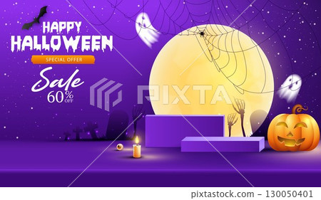 Halloween product podium banner, pumpkins, ghosts, candle, and bat flying, balloons, trees banner design on orange background. scary greeting card, promotion sale website, social media post. vector. 130050401