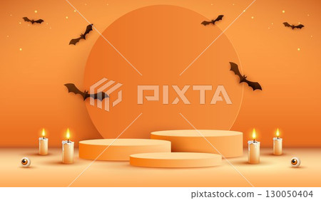 Halloween product podium banner, pumpkins, ghosts, candle, and bat flying, balloons, trees banner design on orange background. scary greeting card, promotion sale website, social media post. vector. 130050404