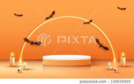 Halloween product podium banner, pumpkins, ghosts, candle, and bat flying, balloons, trees banner design on orange background. scary greeting card, promotion sale website, social media post. vector. 130050405