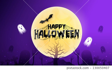Halloween banner, pumpkins, ghosts, candle, and bat flying, balloons, trees banner design on orange background. scary greeting card, promotion sale website, social media post. vector. 130050407