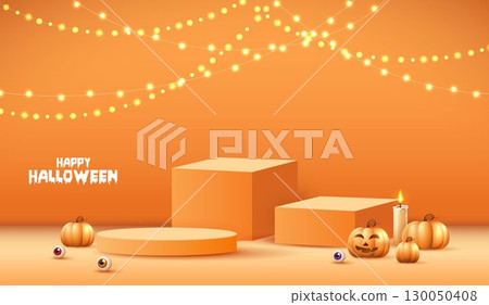 Halloween product podium banner, pumpkins, ghosts, candle, and bat flying, balloons, trees banner design on orange background. scary greeting card, promotion sale website, social media post. vector. Halloween product podium banner, pumpkins, ghosts, candle, and bat flying, balloons, trees banner design on orange background. scary greeting card, promotion sale website, social media post. vector. 130050408