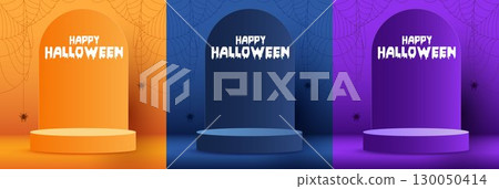 Halloween product podium banner, pumpkins, ghosts, candle, and bat flying, balloons, trees banner design on orange background. scary greeting card, promotion sale website, social media post. vector. 130050414