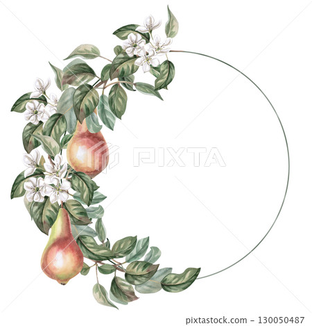 Round frame with branches, flowers and pear fruits. Isolated watercolor illustration of fruits for product line design, kitchenware design, seasonal menu, postcards, textiles, clothing printing. Round frame with branches, flowers and pear fruits. Isolated watercolor illustration of fruits for product line design, kitchenware design, seasonal menu, postcards, textiles, clothing printing. 130050487