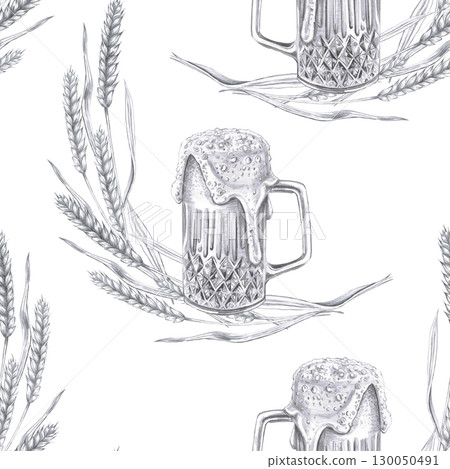 Seamless pattern with a glass of foamy beer and ears of barley. Pencil illustration on the theme of beer for decorating the interior of bars, menus, packaging, beer holidays and parties. 130050491