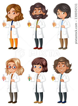 Cartoon Scientists Holding Test Tubes in Lab Coats 130050531