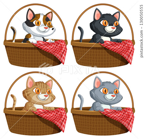 Four Cartoon Kittens Sitting in Wicker Baskets with Red Cloth 130050555