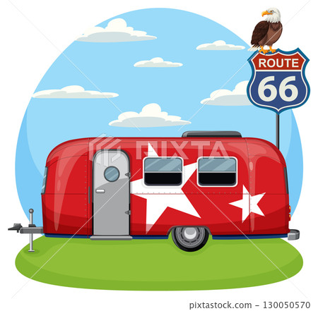 Red Camper Trailer on Route 66 with Eagle 130050570