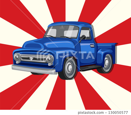 Vintage Blue Truck on Radiant Red Background Vintage Blue Truck on Radiant Red Background 130050577