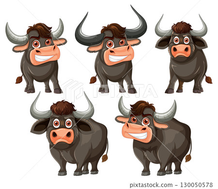 Cartoon Water Buffalo Set With Varied Facial Expressions Cartoon Water Buffalo Set With Varied Facial Expressions 130050578