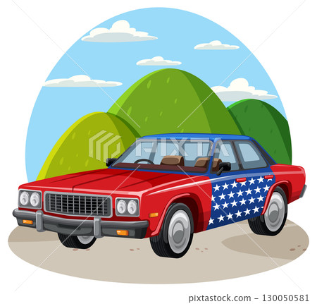 Classic American Car with Patriotic Star Design Outdoors Classic American Car with Patriotic Star Design Outdoors 130050581