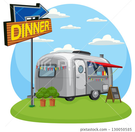 Retro Food Truck with Dinner Sign on Grassy Patch Retro Food Truck with Dinner Sign on Grassy Patch 130050585