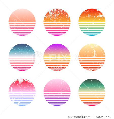 Grunge vintage colorful sunset. Striped gradient sunrise badges in 80s and 90s style. Sun and ocean view, summer vibes, surfing. Design element for print, logo or t-shirt. Vector illustration Grunge vintage colorful sunset. Striped gradient sunrise badges in 80s and 90s style. Sun and ocean view, summer vibes, surfing. Design element for print, logo or t-shirt. Vector illustration 130050669