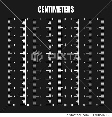 Vertical centimeter scale for measuring length or height. Various measurement scales with divisions. Ruler, tape measure marks, size indicators. Vector illustration 130050712