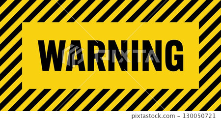 Warning sign with yellow and black diagonal lines. Attention, danger or caution symbol. Construction site signage, road safety notice, hazard banner, security alert shield. Vector illustration 130050721