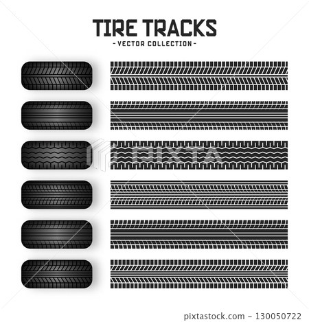 Tire tracks, rubber wheels, and braking marks. Truck, car, or motorcycle tread pattern silhouettes. Perfect for auto racing, motorsport, and speed-related designs. Vector illustration 130050722