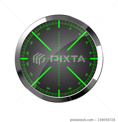 Chrome weapon night sight, sniper rifle optical scope. Hunting gun viewfinder with crosshair. Aim, shooting mark symbol. Military target sign, silhouette. Game UI element. Vector illustration 130050728